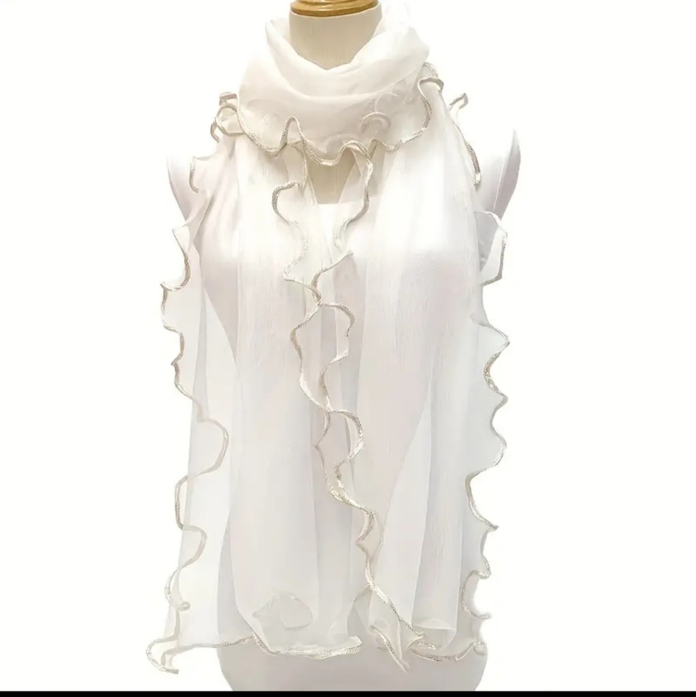 Scarf White Ruffle Trim White With Gold Silver Metallic Thread